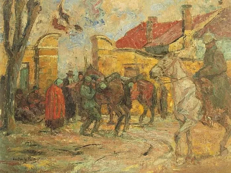 1866-Ludwig Putz - Scena di strada con cavalleria davanti alla porta della città
